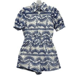 Mainstrip Women's White Blue Embroidered Eyelet Romper Jumpsuit‎ Resort Wear L